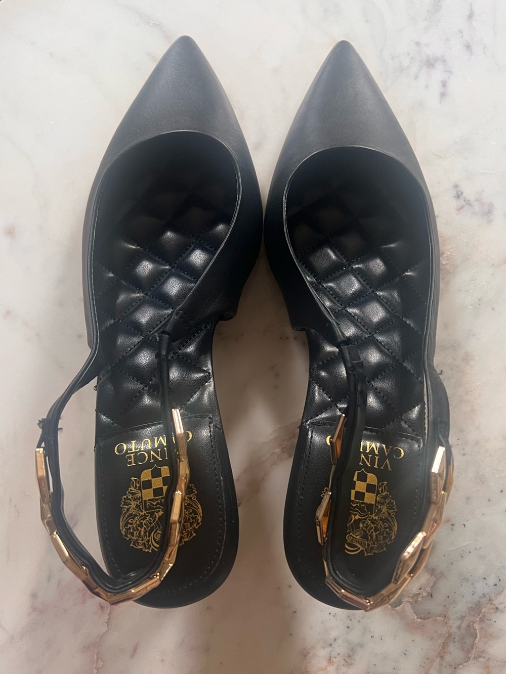 NWOT Vince Camuto Black Pointed Slingback Flats with Gold Buckle - Picture 2 of 5